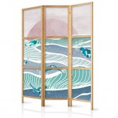 Japanischer Paravent, Raumteiler freistehend, Trennwand - Koi Fish Among Waves 