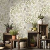 Vliesbehang, bladmotief behang Secret Garden lichtgroen 