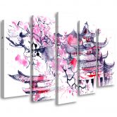5 stykke lærredstryk, Pagoda Cherry Tree Japan Painted 
