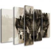 Leinwandbild 5 teilig, Wolf Tiere Schwarz Weiß 