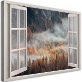 Canvas schilderij, venster uitzicht bos in de mist bergen 