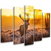 Leinwandbild 5 teilig, Hirschwald Sonnenuntergang 