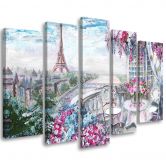 Leinwandbild 5 teilig, Pariser Eiffelturm - Landschaft - Pastell 