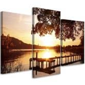 Leinwandbild 3-teilig, Sonnenuntergang See 