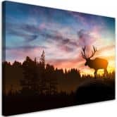 Canvas schilderij, hert bij zonsondergang 