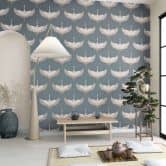 Vliestapete mit Kranichen blau, beige Grafisch 