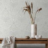 Vliestapete mit Blumen, Blätter ornamental glänzend weiß, grau Floral 