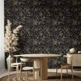 Non-woven wallpaper flowers, leaves floral nature matt in black  