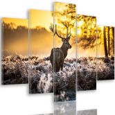 Tableau sur toile 5 pièces, forêt de cerfs au coucher du soleil 