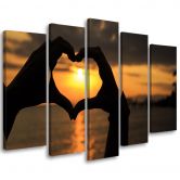 Wandbild 5-teilig, Hände zu einem Herz geformt Sonnenuntergäng 