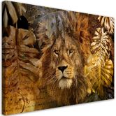 Canvas schilderij, Leeuw en Monstera gouden bladeren 