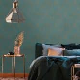 Vliesbehang barok petrol, blauw, goud - vintage vliesbehang met ornamenten 