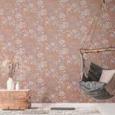 Vintage Tapete Landhaus Pflanzen Vliestapete Orange Grau - Mustertapete Blumen, Blätter 