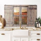 Spritzschutz 3D Holzfenster - Mohnblumen im Sonnenuntergang 
