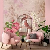 Fototapete, Shabby Chic Stil Blumen Vögel rosa Hintergrund - Andrea Haase 