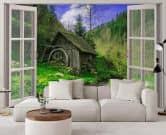 Fototapete Fenster - Blick auf eine Hütte im Wald 