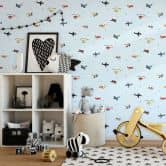 Kindertapete, Vliestapete mit Illustration Kids Walls blau, bunt 