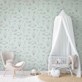 Børnetapet, non-woven tapet med illustration Kids Walls grøn, hvid  