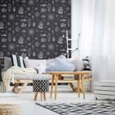 Kindertapete, Vliestapete mit Illustration Kids Walls schwarz, weiß 