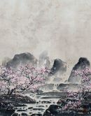Fototapete Motivtapete Kirschblüten im Nebel mit Bergen in Grau und zarten Rosatönen 2,7 x 2,12 m 