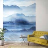 Fototapete mit nebeligem Tal am See Blau, Grau ,Illustration 2,70 x 2,12 m 