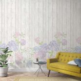 Fototapete mit kleinen Blumen auf Holzzaun Greige ,Holzoptik 2,70 x 1,59 m 