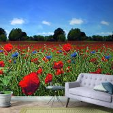 Bloemenweide en blauwe lucht behang Rood, Groen, Bloemig 2.70 x 1.59 m 