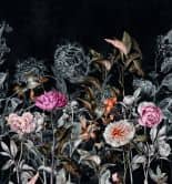 Fotobehang Donker Botanische vintage bloemen op zwart met rosé accenten 3,4 x 3,18 m 