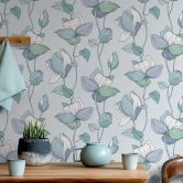 Vliestapete mit Comic-Blumen Look blau, grün Floral 