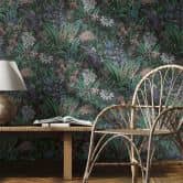 Tapet, non-woven blomstertapet Flora sort, grøn 