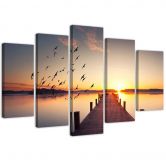 Leinwandbild 5 teilig, Steg Vögel Sonnenuntergang 