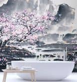 Fototapete, Blühender Kirschbaum Japan Landschaft 