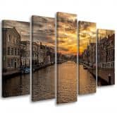 Canvas print 5 stuks, Amsterdamse grachtenpanden stad 