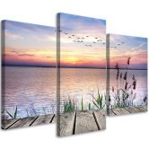 Leinwandbild 3-teilig, Sonnenuntergang Steg See 