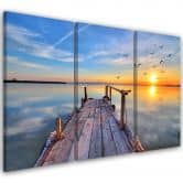 Leinwandbild 3-teilig, Sonnenuntergang Steg See  