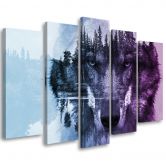 Leinwandbild 5 teilig, Wolf Tiere Wald Violett 