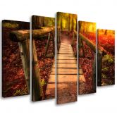 Leinwandbild 5 teilig, Herbst Wald Blätter Brücke 
