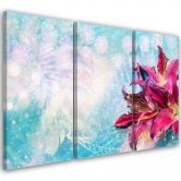 Leinwandbild 3 teilig, Rosa Blumen auf blauem Hintergrund 