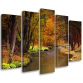 Leinwandbild 5 teilig, Herbstwald Fluss 