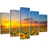 Leinwandbild 5 teilig, Sonnenblumen Sonnenuntergang 