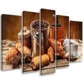 Leinwandbild 5 teilig, Kaffee und Frische Croissants 