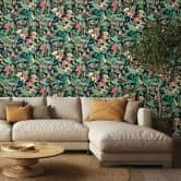 Vliesbehang in zwart, groene bladeren bloemen bloemige natuur  