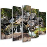 Leinwandbild 5 teilig, Wasserfall Wald Bach Felsen 