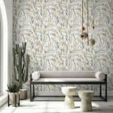 Vliestapete Blätter Floral Natur matt in Weiß Grau Beige 