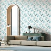 Vliesbehang bladeren, takken bloem natuur mat in wit blauw 