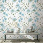 Vliestapete Blumen, Blätter Floral Natur matt in Weiß Grün Blau 