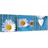 Leinwandbild 3-teilig, Gänseblümchen und Herz blau 