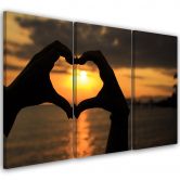 Leinwandbild 3-teilig, Hände zu einem Herz geformt Sonnenuntergäng 