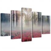 Leinwandbild 5 teilig, Nebel Wald Lichtung Blumen 