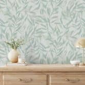 Vliesbehang in wit groen bladlook vintage bloemige natuur  